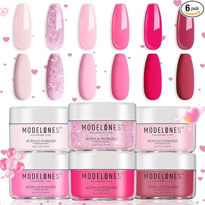 Modelones Pink Acrylic Powder 6 Colors Acrylic Nail Powder Kit Neon Glitter Summer Acrylic Nail Powder Valentines Day Gifts Acrylic Cover Powder for Nail Art Extension No Nail Lamp Needed