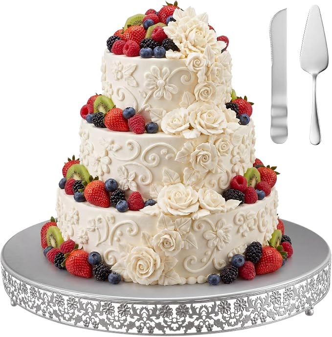 Wenqik 20 Inch Silver Cake Stand Set Metal Round Cupcake Dessert Stand with Cake Cutting, Flower Spatula Wedding Cupcake Pastry Display Candy Holder Display for Wedding Party Birthday Baby Shower