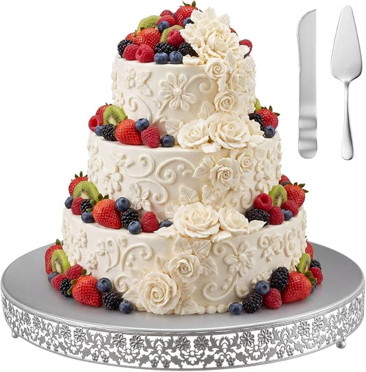 Wenqik 20 Inch Silver Cake Stand Set Metal Round Cupcake Dessert Stand with Cake Cutting, Flower Spatula Wedding Cupcake Pastry Display Candy Holder Display for Wedding Party Birthday Baby Shower