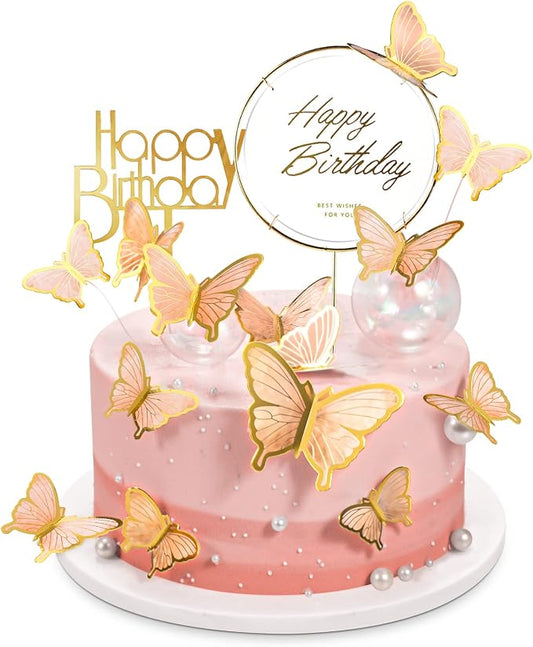 22-Pieces Butterfly Cake Decorations With Happy Birthday Acrylic Cake Toppers for Baby Shower Wedding Birthday Party Decor (Orange)
