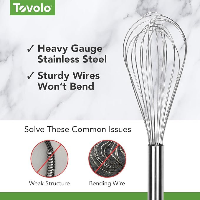 Tovolo Stainless Steel Whisk Set of 5 Complete Dishwasher Safe Collection 6" Mini, 9" Beat, 10" Flat for Sauce, 11" Balloon Whip and 12" Dutch Dough Whisk for Cooking Whisking Mixing Whipping Beating