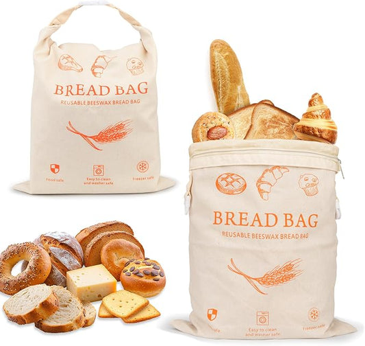 2-Pack Reusable Beeswax Bread Bags for Homemade Bread & Sourdough,Eco-Friendly Bread Storage with Zipper Seal, Freshness Keeping & Freezer Safe, 17"x13" Linen Bags, Bakery Essentials