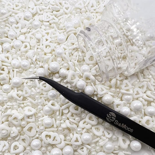 White Heart and Pearl Sprinkles White Edible Pearls Heart Confetti Sprinkles Christmas Cookie Decorations Edible Sugar Pearls for Cakes,Cupcakes Toppers Baby Shower Wedding Supplies 3.35 OZ with Tweezers
