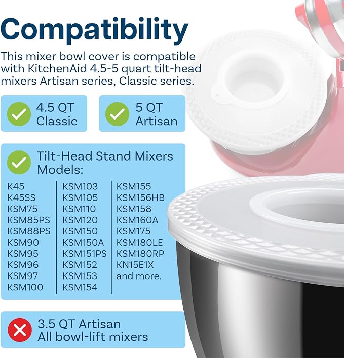 Mixer Attachments for KitchenAid 4.5–5 Quart Tilt-Head Stand Mixers – Compatible with Artisan & Classic – Beaters, Whisks, Dough Hooks & Attachment Sets by MMOBIEL (Bowl Lid, Eco-friendly PE)