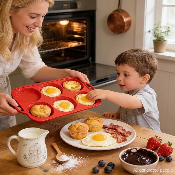 4 Inch Muffin Top Pan Non Stick with Metal Frame, Silicone Egg Molds for Breakfast Sandwiches, Large Round Whoopie Pie Baking Pan with Handle for English Muffin, Egg Bite and Oven, Red