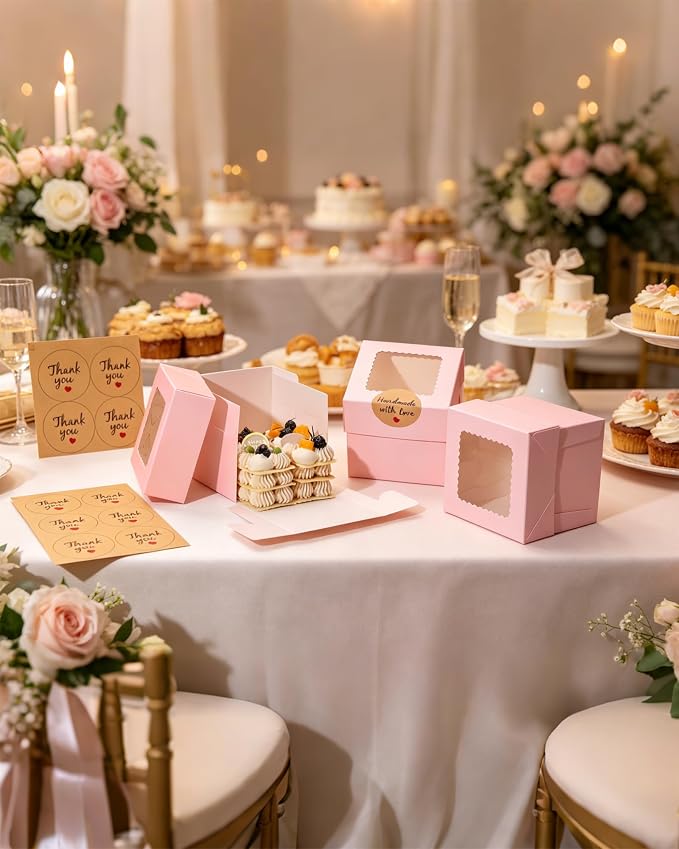 COTOPHER 30Pcs Mini Cake Boxes, 4x4x4 Inches Pink Bakery Boxes with Window, Small Dessert Box Cake Packaging for Pastries, Cookies, Chocolates, Cupcakes, Birthday Party, Wedding