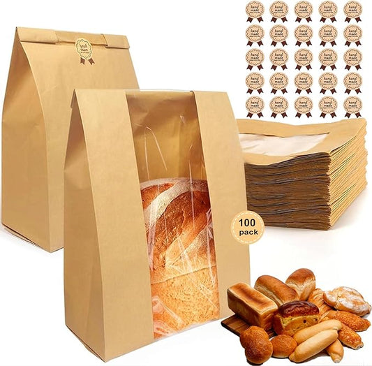 100 Pack Lmoszuak thicker Large Paper Bread Loaf Bags, for Homemade Bread (13.7x8.26x3.54in). with Window Bread bags & 125pcs Sealing Stickers,Suitable for Packaging and Storage of Baked Goods