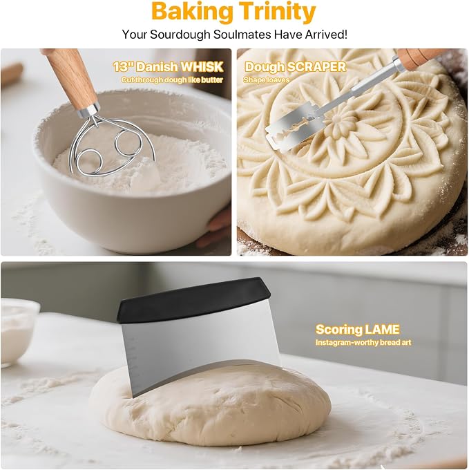 Sourdough Tool Kit, Danish Dough Whisk, Scraper, Lame with Scoring Blades, Wooden Bread Whisk with Metal Hook, Dutch Whisk Stirrer & Wisk Mixer, Baking Set for Making Mixing Whisking Sour Dough.