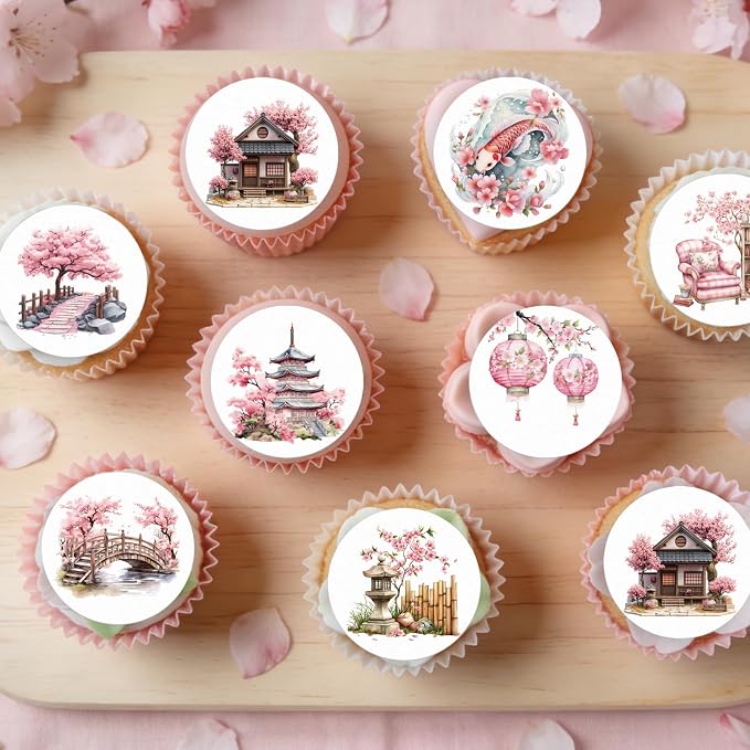 36PCS Edible Cherry Blossoms Cupcake Toppers Japanese Edible Cherry Flowers Bouquet Cake Picks Wafer Paper Cherry Cupcake Decors for Cherry Theme Party Cake Supplies (Cherry Blossoms Scene)