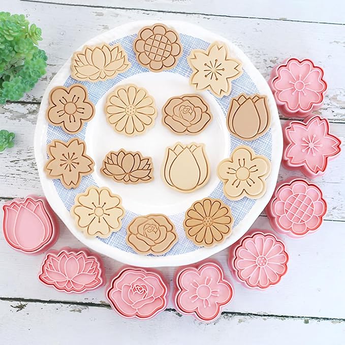 8 Flower Cookie Cutter, 3D Spring Floral Cookie Cutters with Tulip, Daisy, Sunflower, Rose, Cherry blossoms Shapes, Homemake Baking Tools for Mother's Day, Valentine, Holiday DIY Cookies (Flower Head)