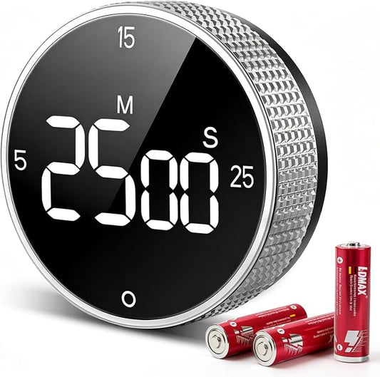 Digital Kitchen Timer with Magnetic, Large LED Display Countdown/Countup Timer, Pomodoro Preset 5/15/25 Mins, Volume & Brightness Adjustable for Cooking Baking Working Studying Silver