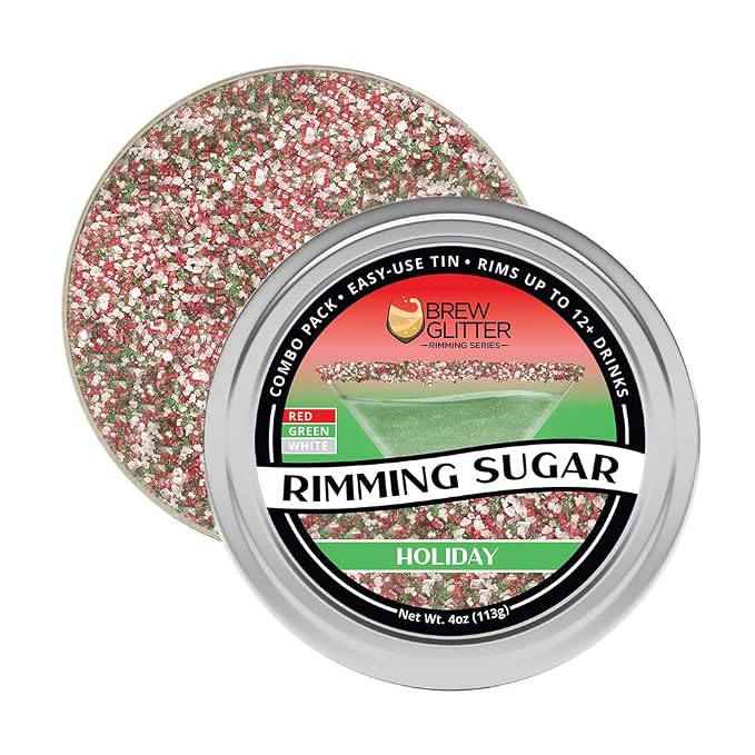 Brew Glitter - Red, Green & White Rimming Sugar (4oz, 1x Bar Tin) Cocktail Garnish for Mixed Drinks & Refreshments
