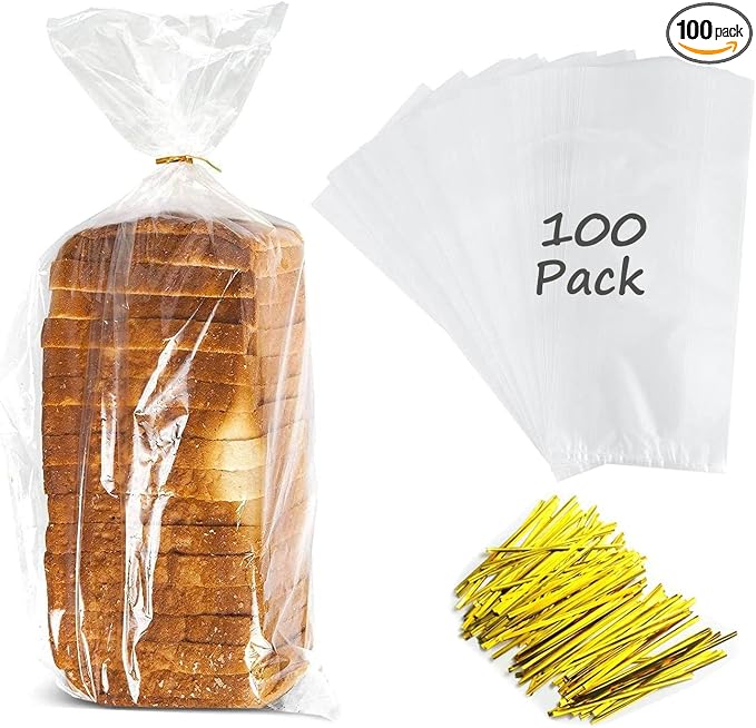 Large Bread Bags with Ties, 8 x 4 x 18", 100 Pack, Clear, Reusable, Bulk Bread Bags for Homemade Bread, Plastic Bakery Bags, Clear Bread Loaf Packing Bags