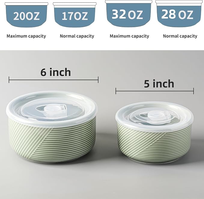 Ceramic Nesting Bowls with Lid: Microwave Safe Food Storage Containers for Work Lunch Picnic Camping Meal Prep Soup Salad Cereal Leftovers - 5 & 6 Inch, 20 & 32 oz, Set of 4, Green