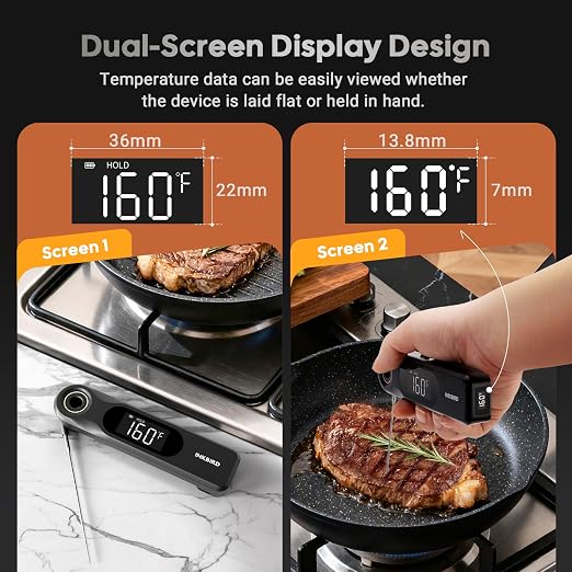 INKBIRD Dual Screen Display 0.5 Sec Rechargeable Instant Read Meat Thermometer for Cooking and BBQ, Professional 1.8mm Ultra-Fine Probe IP65 Waterproof Kitchen Thermometer with Magnets, Gill Smoker