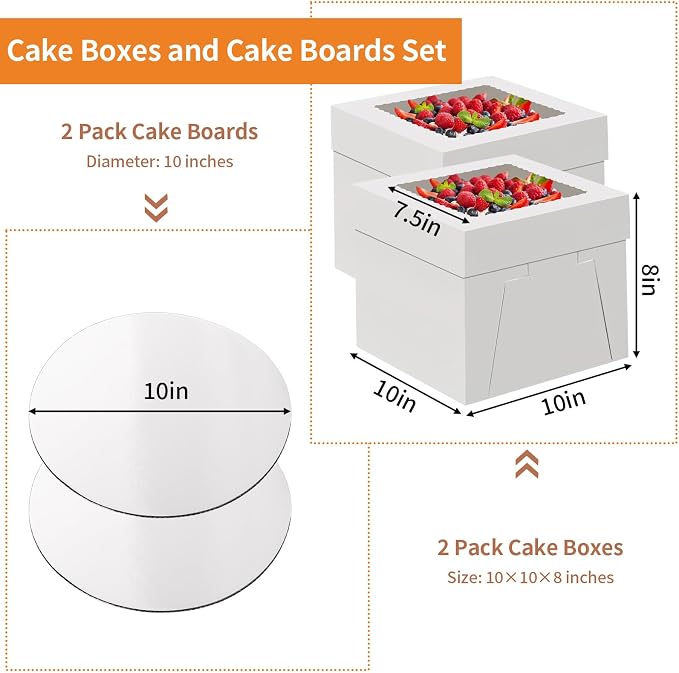 WINKIO 10 Inch Cake Box with Cake Boards, 2 Pack Disposable Cake Carrier, Cakes Transport Container, White Bakery Holder with Window, for Cookies Pies Cupcakes Pastry (10×10×8 Inches)