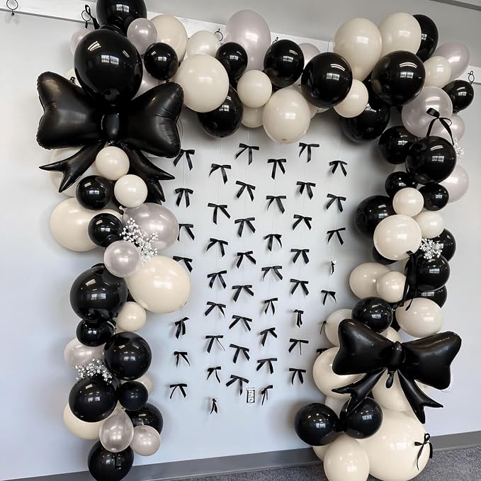 Black Bow Balloon Arch, Black White Coquette Birthday Decorations, Double Stuffed Pearl Sand White Ivory Black Balloon Garland with Foil Bow Balloons for Engagement Wedding Bridal Shower Bachelorette