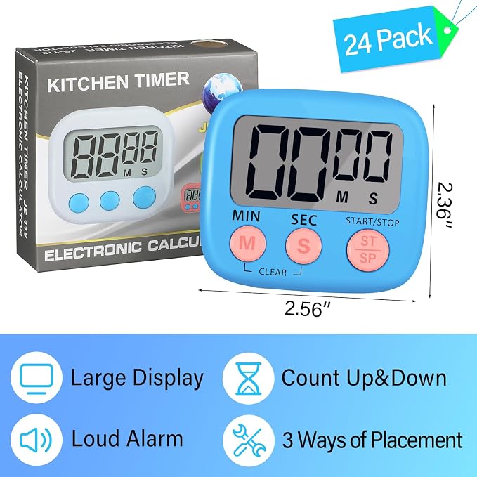 Leumoi 24 Pcs Digital Kitchen Timers Bulk Timer for Classroom Small Magnetic Timer On/Off Switch Countdown Loud Alarm for Cooking School Student Teacher Exercise Training Baking Work(Blue)