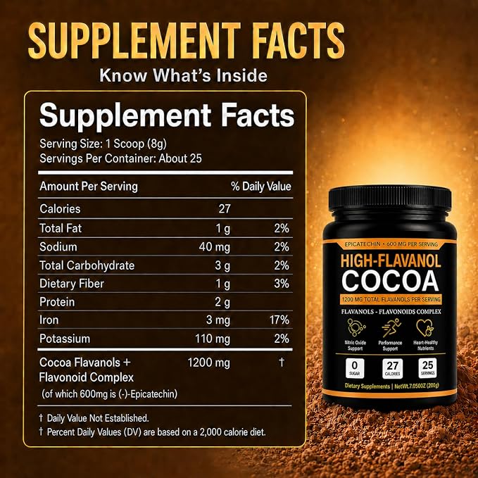 High Flavanol Cocoa Powder - 1200mg Flavanols & Flavonoids, High Flavanol Cacao with 600mg Epicatechin, 10X Concentrated Cocoa Extract for Baking, Cooking & Beverages, 200g
