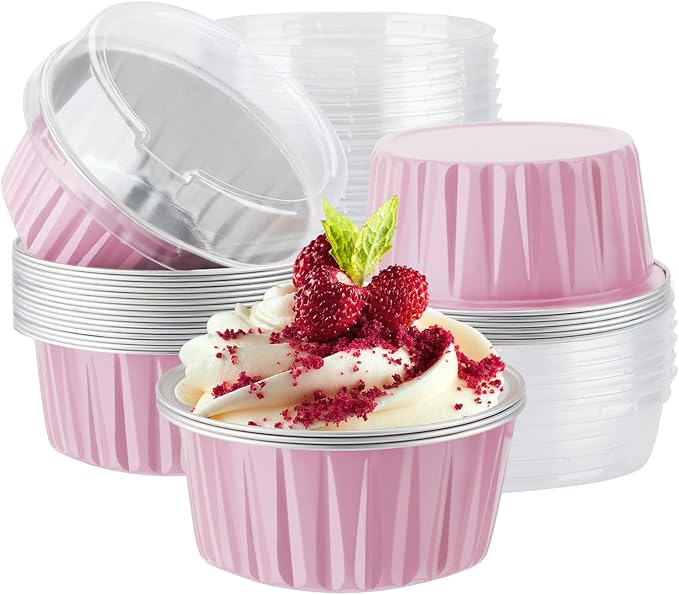 EUSOAR Baking Cups with Lids, Pink 25Pcs 5oz Disposable Aluminum Foil Mini Muffin Liners, Dessert Cheesecake Pan Creme Brulee Cupcake Ramekins Containers Oven Safe for Catering Club Wedding Party