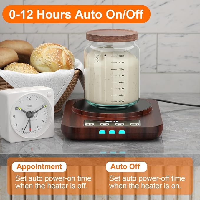 Sourdough Starter Warmer with Glass Dome, Warming Heating Pad Mat for Sour Dough Starter, Sourdough Heater Proofing Tool for Jars 24oz 34oz 40oz (Wood Grain)