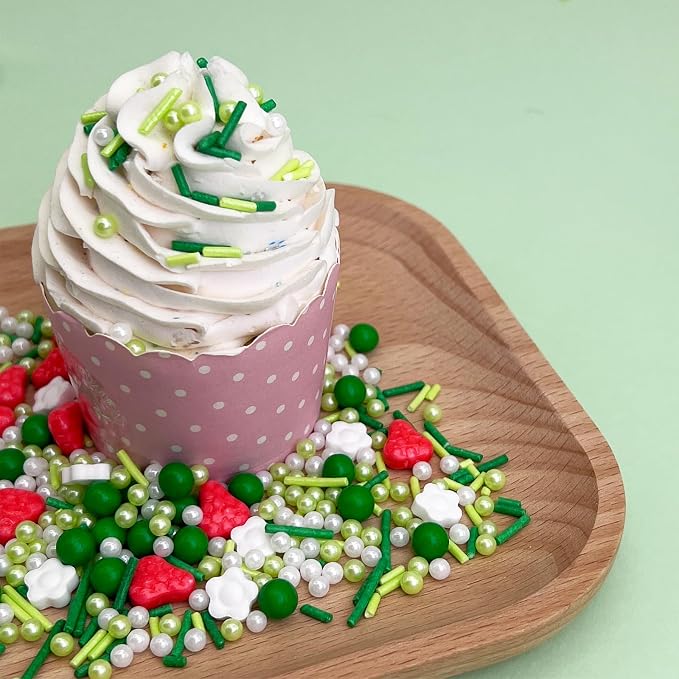 ST Patricks Day Green Sprinkles for Cake Decorating, Spring Sprinkles Mix with Strawberry Pearl Jimmies Flower for Ice Cream Cupcakes Baking Cookies Cake Topping