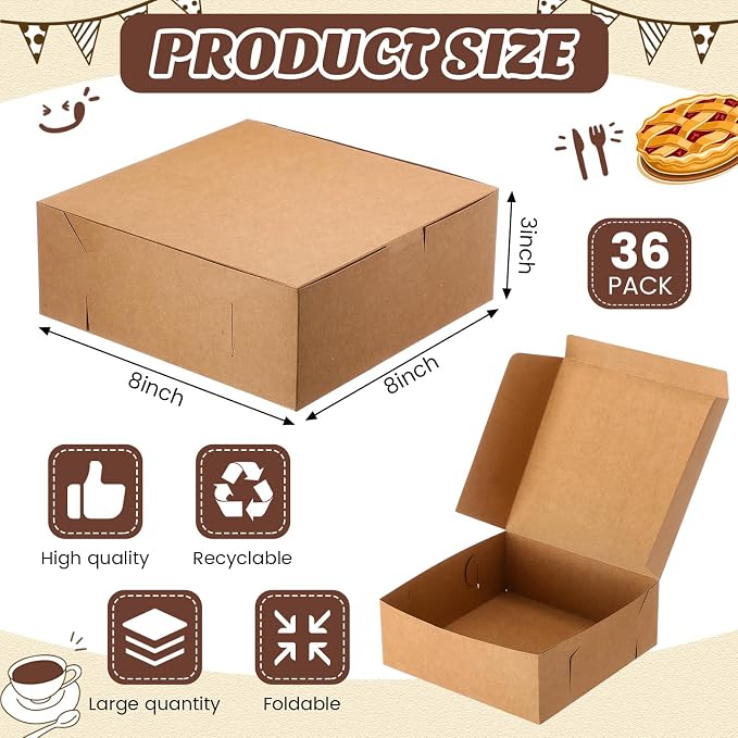 36 Pack Pizza Bakery Boxes 8" x 8" x 3" Kraft Square Bakery Boxes for Pie, Cookies, Cheesecake, Chocolate Covered Strawberries, Dessert Brown Paper Cardboard Container for Treats