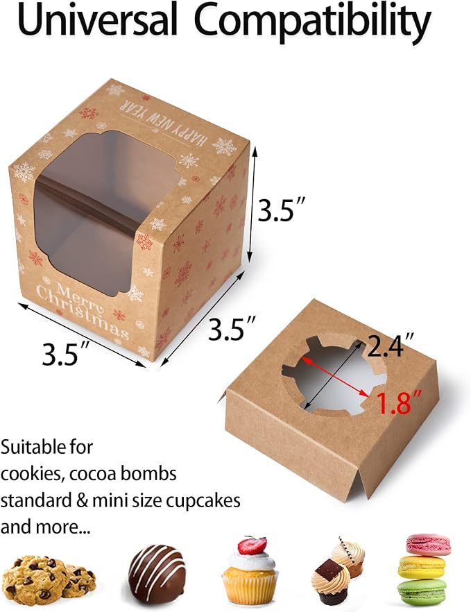 Happyhiram Christmas Cupcake Boxes 50 Pcs, Individual Box Brown Kraft with Christmas Trees and Window for Holiday Mini Gift Boxes for Ornament Cocoa Bombs Packaging for Winter Party Favors