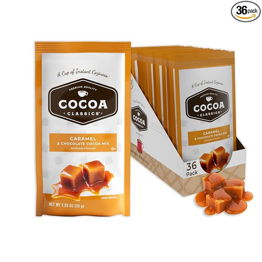 Cocoa Classics Caramel Cocoa Mix, Hot or Iced, 1.25oz, 36 Pack | Caramel cocoa mix with rich, smooth flavor; just add water for creamy hot or iced cocoa, made with nonfat milk for smoothness