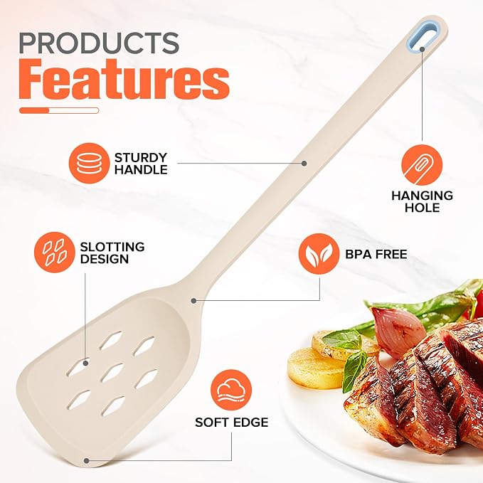Silicone Cooking Spatula&Slotted Spatulas, Pack of 2,Solid Turner Kitchen Utensils Set for Cooking,Frying, Baking, Flipping, Turning,Heat Resistant 450℉ (KHAKI)