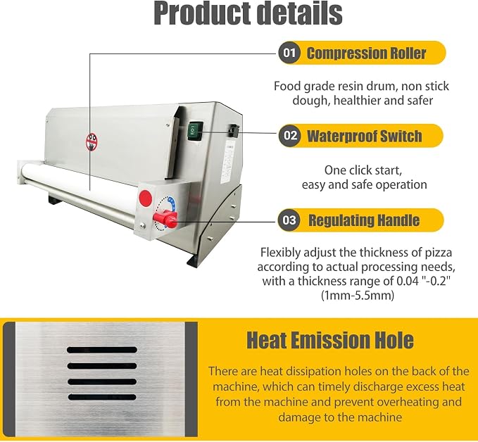 Electric Pizza Dough Roller Sheeter, Automatic Pizza Dough Press Machine, Commercial 4-19” Pastry Press Making Machine 450W 110V