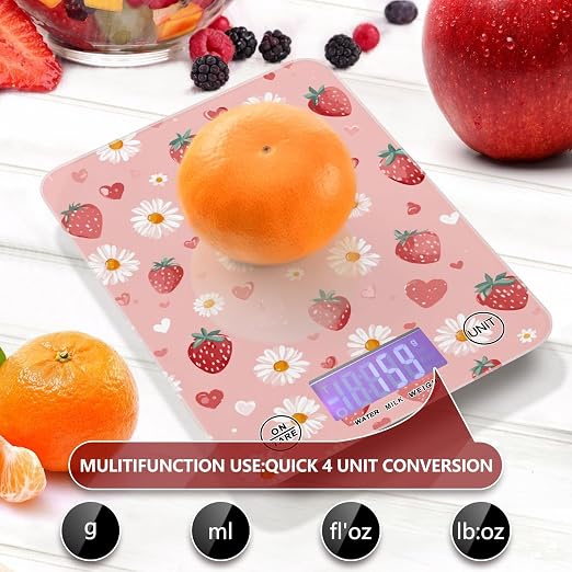 Food Scale Kitchen Scale Food Weight Scales Digital Weight Grams and Ounces Small Electronic Food Scale for Baking Cooking Pink Floral Strawberry Hearts