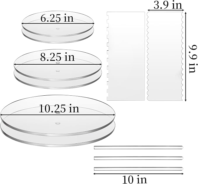 Coloch 11 Pieces Acrylic Cake Discs Set, 6.25/8.25/10.25 Inch Clear Cake Decorating Supplies with 6 Acrylic Discs, 2 Icing Scraper and 3 Center Dowel for 3 Tier Cake Making, Serving Bake Goods