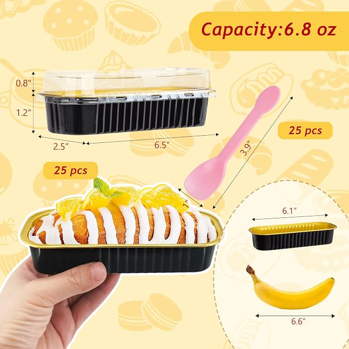 LNYZQUS Foil Mini Loaf Pans with Lids 25 Pack, 6.8oz Mini Cake Tins Individual Baking Cups for Little Banana Bread Loaves, Disposable Small Cupcake Containers for Halloween Baking Gifts-Black