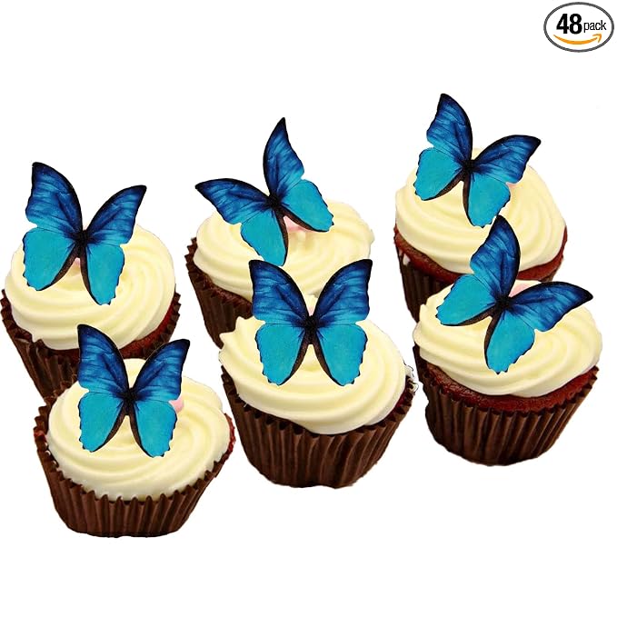 Weraru 48Pcs Edible Wafer Paper Butterflies Cupcake Topper Blue Cake Decorations