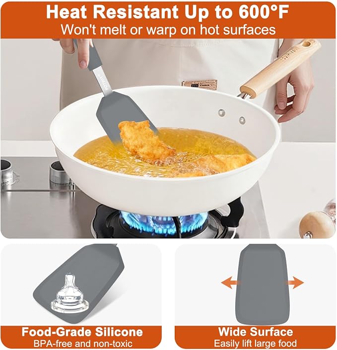 Silicone Spatula, 13 x 3.2 In, 600°F Heat Resistant (Gray) | Flexible Turner, BPA Free, Non Scratch for Non Stick Frying Pan, Kitchen Cooking, Flipping, Dishwasher Safe