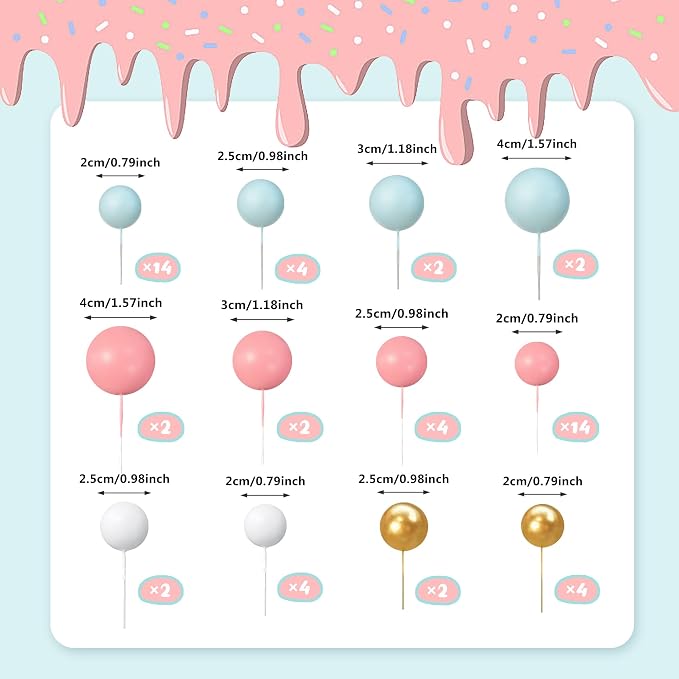 56 PCS Ball Cake Picks Colorful Ball Shaped Cake Topper Pearl Balls Cupcake Cake Insert Topper for Birthday Party Wedding Decoration Supplies Blue Pink Series Four Colors