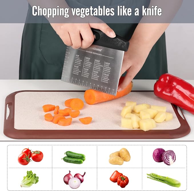 Ourokhome Vegetable Chopper Onion Cutter with Container Multifunctional Food Chopper with 2 Blades, Dough Pastry Bench Cutter Scraper, Stainless Steel Pizza Cutter for Kitchen Baking, Dishwasher Safe
