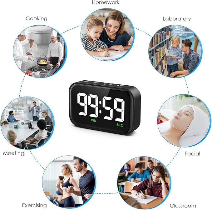 Digital Kitchen Timer, Digital Timer with Large LED Display, Magnetic Classroom Timer with Count Up Countdown, 3 Volume Levels for Cooking/Office/Kids/Work/Study, Black (Battery Included)