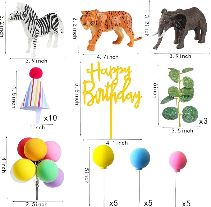 Safari Animal Cake Toppers with Mini Birthday Party Hat Color Balls Cake Decorations for Jungle Wild Themed Baby Shower Birthday Party Supplies (Safari Animal)