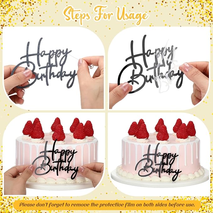 Barydat 50 Pcs Happy Birthday Cake Toppers Bulk Mirror Acrylic Cupcake Topper Decorations Happy Birthday Sign for Cake Inserts Decor Celebrate Anniversary Theme Party Supplies 10 Style(Black)