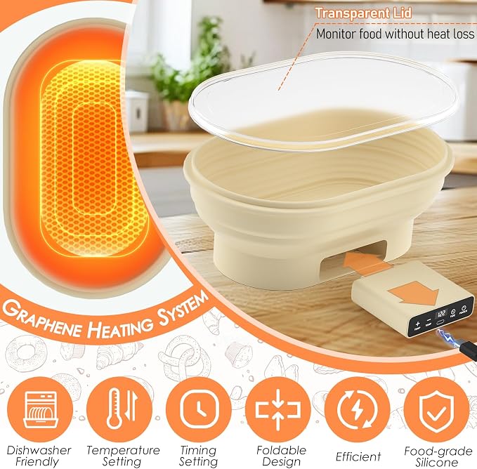 Banneton Bread Proofing Basket Set, 10" Oval Bread Baking Supplies, Silicone Foldable Sourdough Starter Warmer, Precise Thermostat Control 77-122°F. 6H Timer, Starter Baking Kit Gift