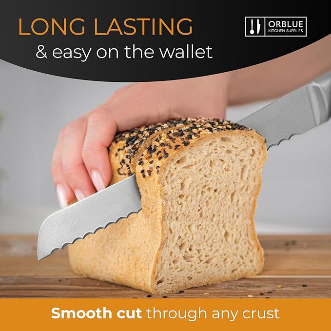 Orblue Serrated Bread Knife Ultra-Sharp Stainless Steel Professional Grade Bread Cutter - Cuts Thick Loaves Effortlessly - (8-Inch Blade with 5-Inch Handle), Blue