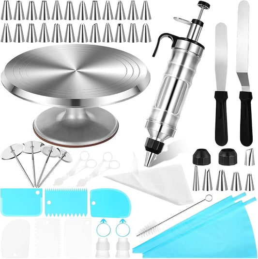 Nuogo 154 Pcs Christmas Aluminum Cake Decorating Tools Kit with 12 Inch Aluminum Cake Turntable, Cakes Decorting Gun with 6 Head, 34 Pcs Cakes Decorting Set, 11 Cream Spatula Set, 100 Cream Piping Bag