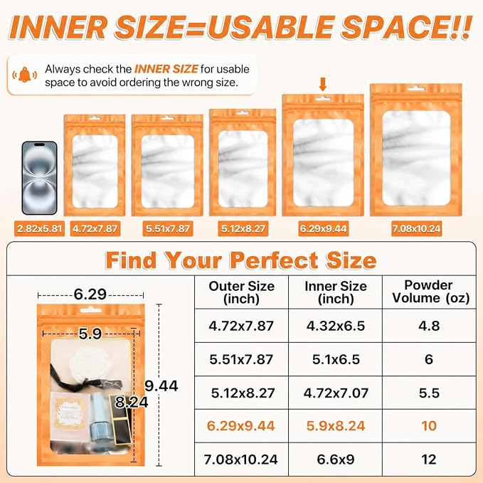 ANZNKU 100 Pack Orange Resealable Mylar Bags with Frosted Clear Window 6.29x9.44", Smell Proof Sealable Packaging Bags for Small Business, Foil Pouch Zip Goodie Bag for Candy Treat Jewelry