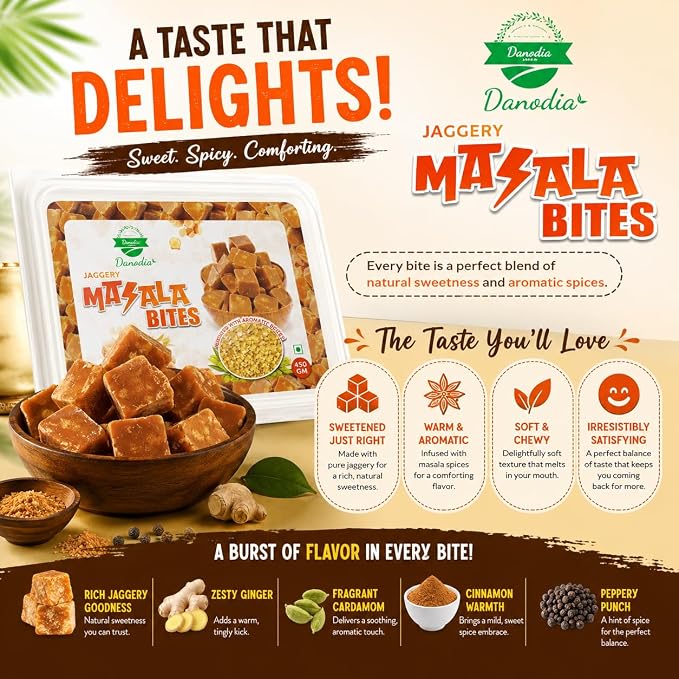 Danodia Foods Masala Jaggery Bites, Cane Gur Sweetener, 1 lb, Pantry Snack | Snackable spiced gur pieces and cane sweetener for chai, tea, coffee, desserts and pantry use; no preservatives used; recipes