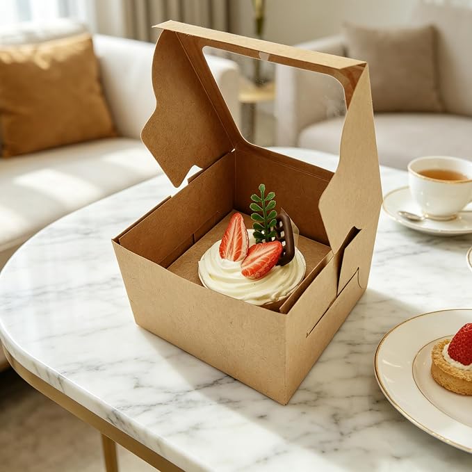 Jotique Cupcake Boxes with Window, 20 Sets 4.5x4.5x3 Inch Kraft Paper Bakery Boxes for Single Cupcake, Cookies and Muffins, Sturdy Disposable Treat Boxes for Individual Pastry, Baked Good, Gift Giving