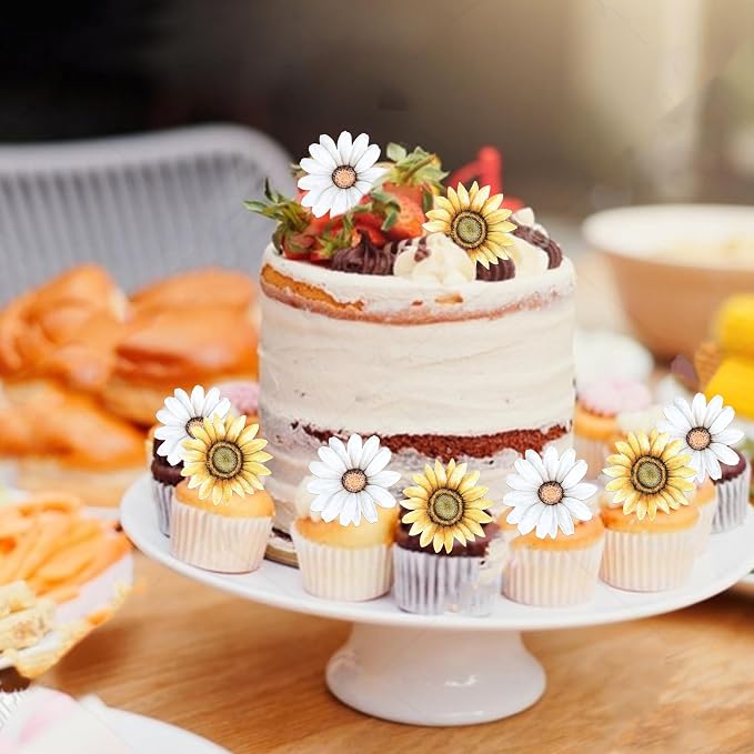60 PCS Edible Sunflower Cupcake Toppers Edible Flowers Cake Decorations Wafer Paper Sunflower Party Decorations for Baby Shower Birthday Party Cake Toppers Food Decorations Supplies Yellow White