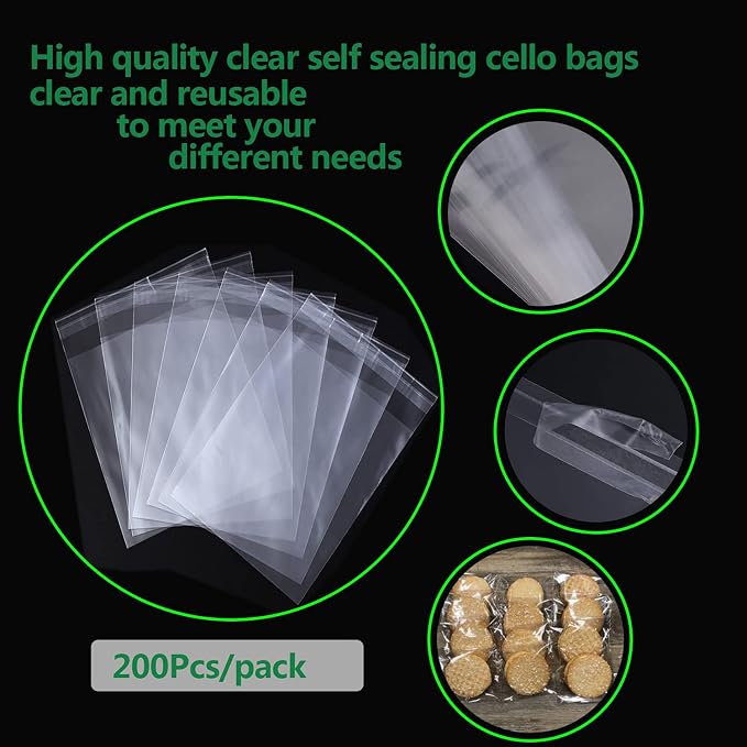 Nobranded 200 pcs Clear 4" x 9" (W:10xL:23CM) Self Seal Cello Cellophane Bags Resealable Poly Bags 2.8 mils for Cookie, Candy, Gift Bakery, Prints, Photos, Cards & Envelopes, Party Decorative