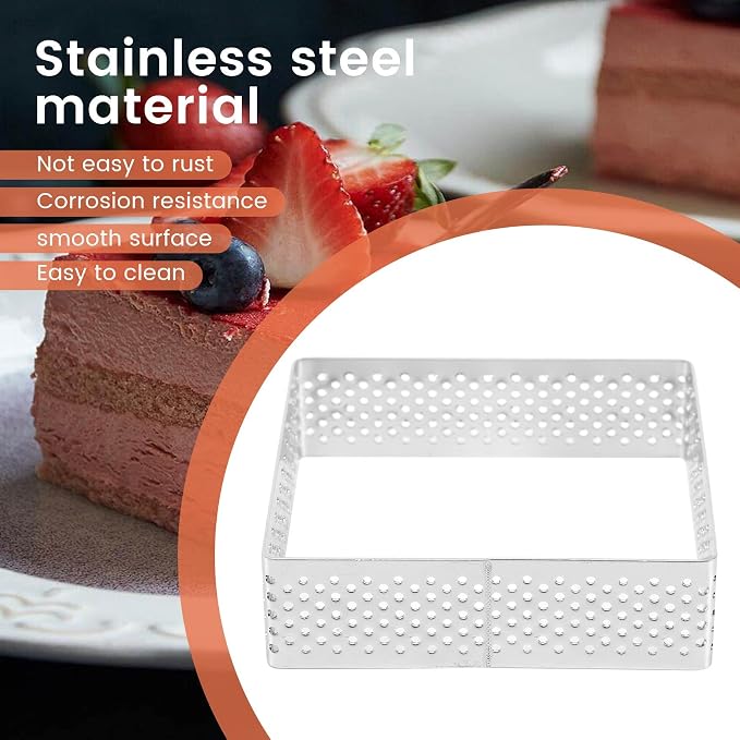 Perforated Tart Ring Stainless Steel Tartlet Molds Square Shape Mould Cake Circle French Pastry Baking Tool, 5 Pack